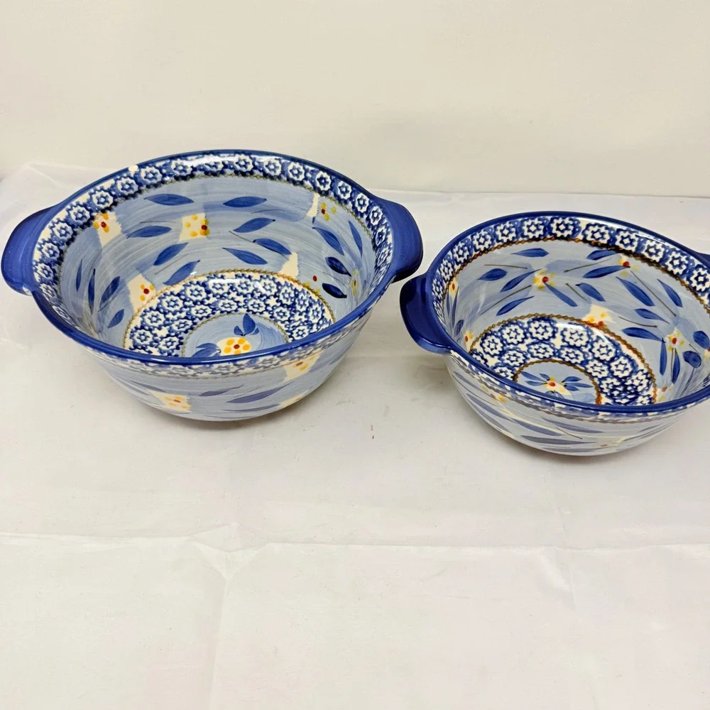 Temp-tations Old World Blue Ceramic Mixing Bowls Set of 2 1.5QT 1QT *flaws* see